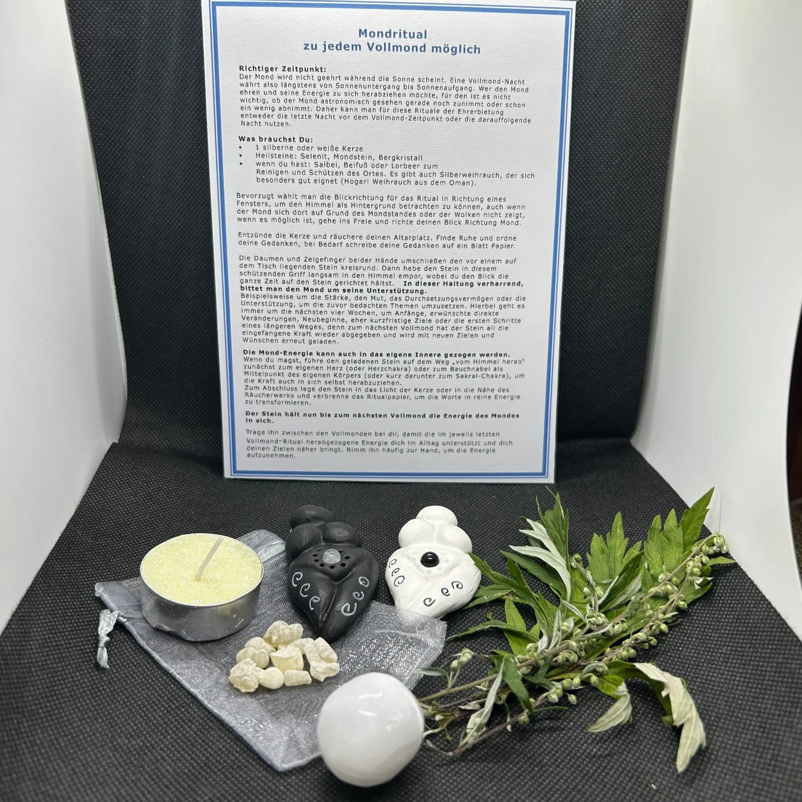 Vollmond Ritual Set mit Teelicht, Mondstein, Kräutern und Ritualanleitung